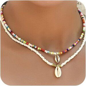 🆕 Women White Puka Shell Necklace Boho Layered Starfish Beaded Choker Jewelry